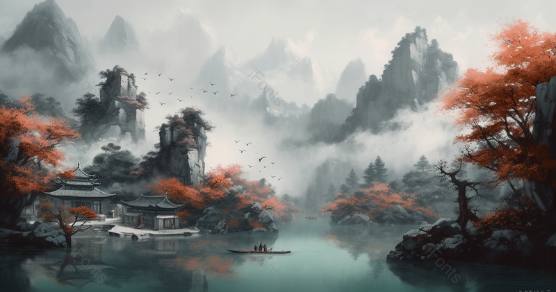 岸边休息亭水墨山水画中国风背景,插画/手绘图,插画/手绘图库,插画/手绘图下载,插画/手绘